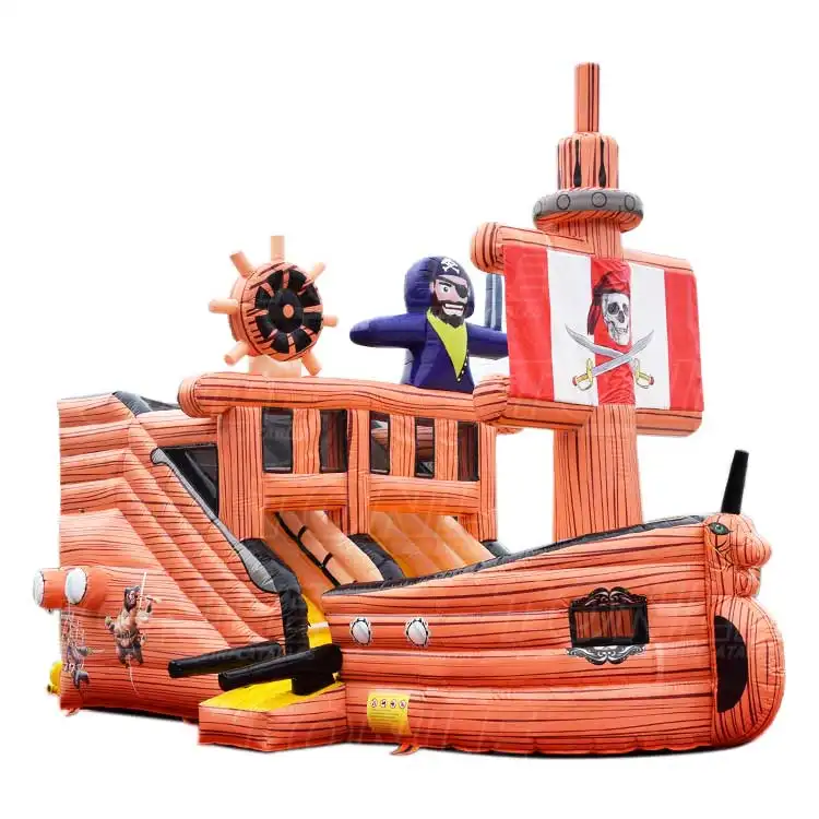 Orange inflatable pirate ship slide with red flag and 3D captain figure, 6x4m size