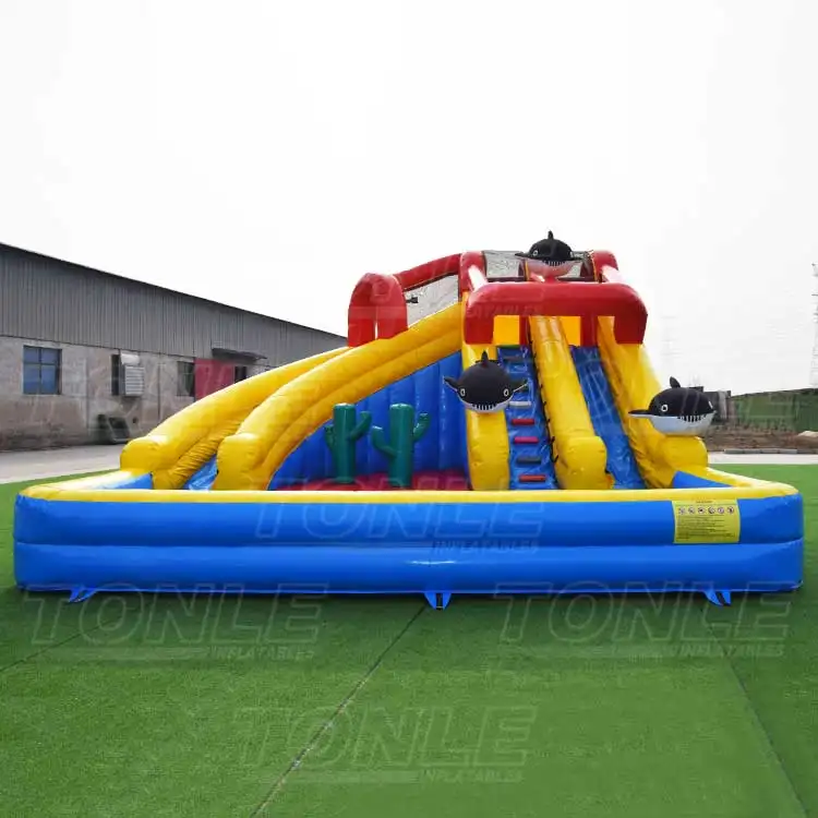 15ft ocean park inflatable water slide with pool featuring yellow slides and blue base