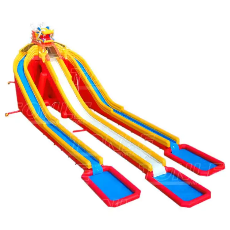 50m yellow dragon inflatable water slide with three red and blue racing lanes