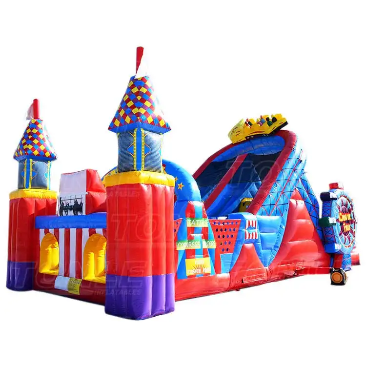 Red and blue inflatable roller coaster obstacle course with castle turrets and slide