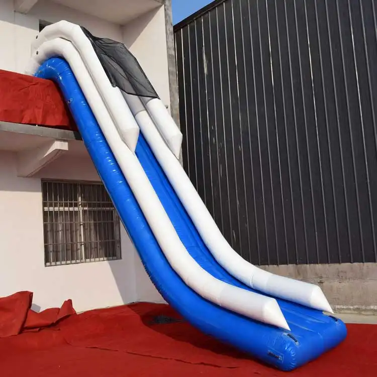 Blue and white inflatable yacht slide measuring 4.8m with dual lanes