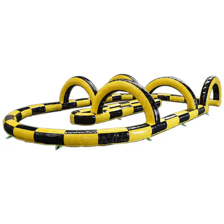 Yellow and black checkered inflatable race track with arches, 11.5m length