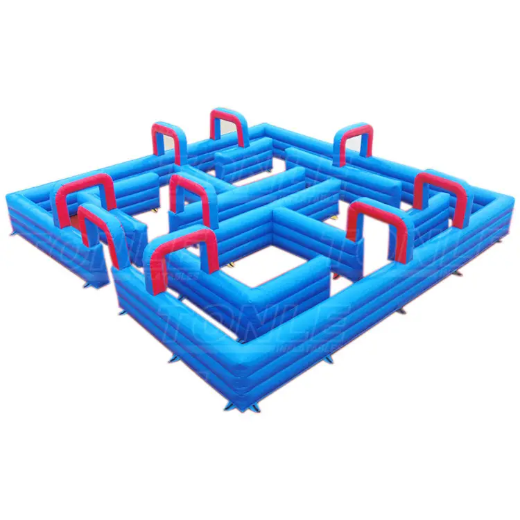 Blue and red 10x10m inflatable water tag maze with multiple archways on white background