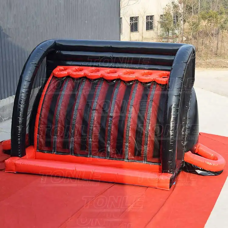 Red and black connect four inflatable basketball game 8m size front view