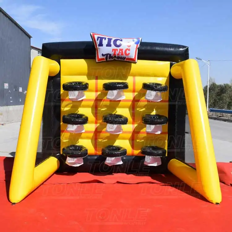 Yellow and black inflatable Tic Tac Throw game with 9 target pockets measuring 2.1x3.3m
