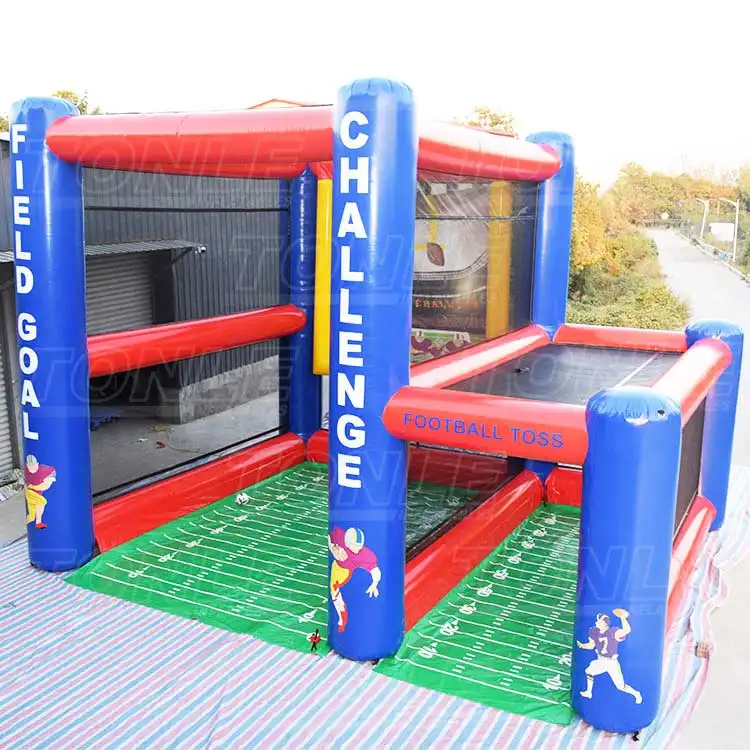 Blue and red inflatable Football Field Goal Game with green turf floor and player graphics