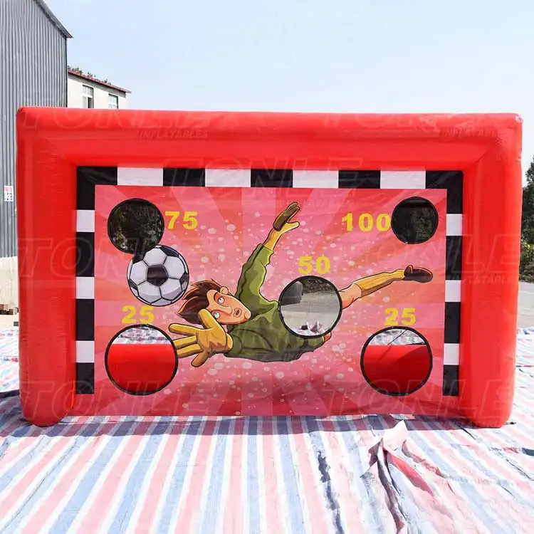 Red inflatable soccer goal with goalkeeper graphic and numbered scoring pockets