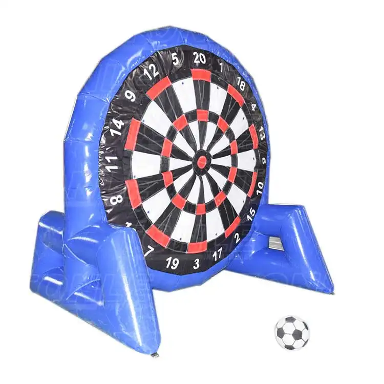Blue inflatable football dart with black white and red scoring face and soccer ball