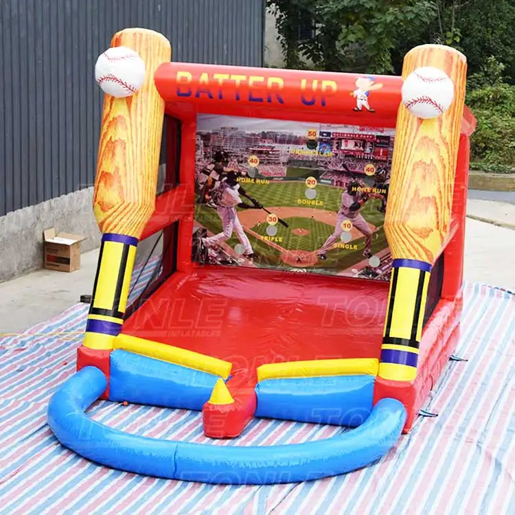 Inflatable baseball game with wood-grain bat pillars and red frame measuring 5.1m
