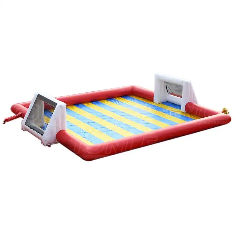 Red, blue, and yellow inflatable foam football field with white goals