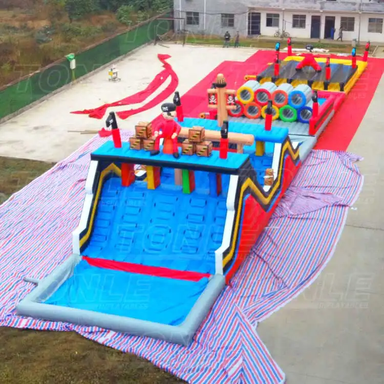 50m pirate themed inflatable water obstacle course with slide and pool