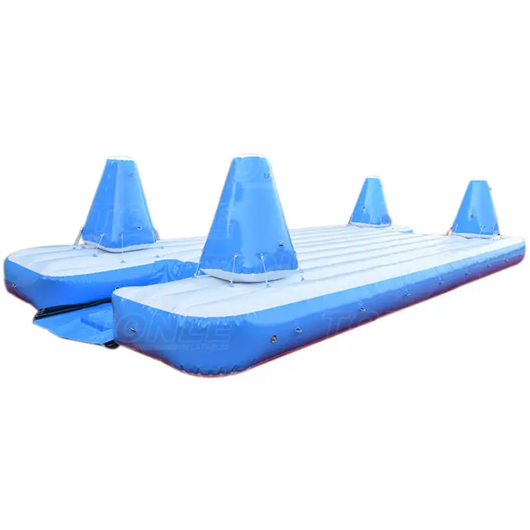 Blue and white 9x4m closed air floating island with four cone obstacles