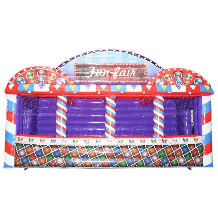Front view of 6m inflatable carnival tent with red white blue stripes and 4 service ports