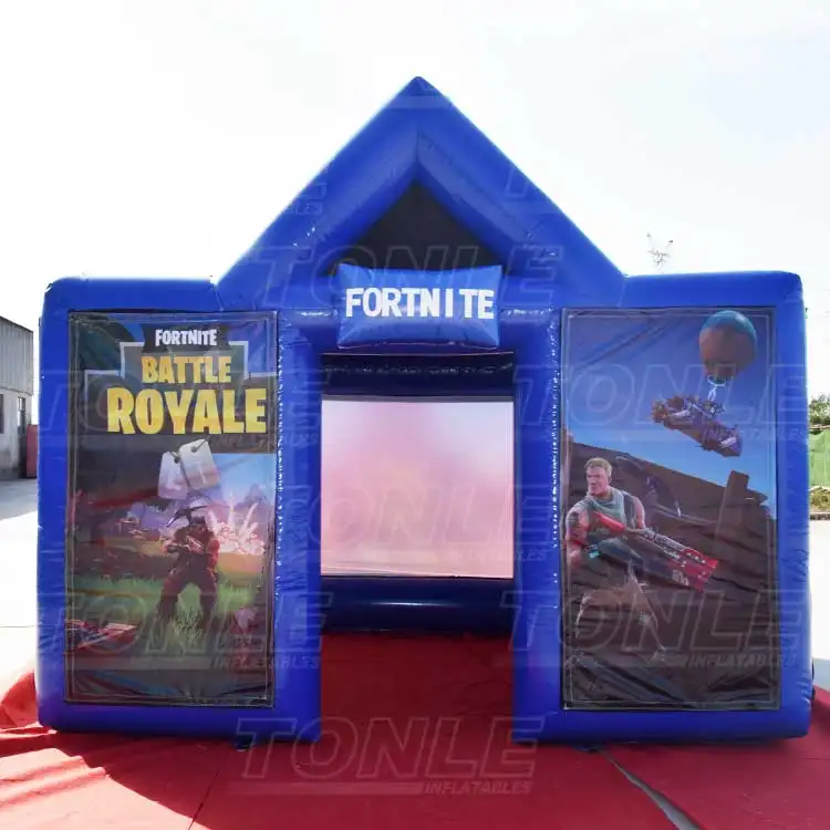 Blue custom inflatable tent with Fortnite Battle Royale graphics and peaked roof