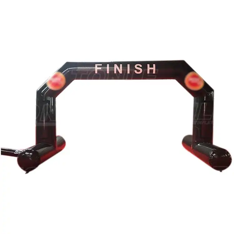 Black inflatable finish arch with white text and red accents, 4.5m wide