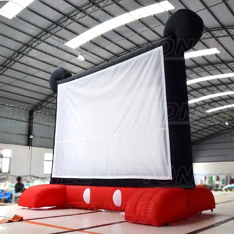 Inflatable mickey movie screen with black frame and red base measuring 12ft