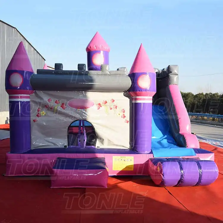 Purple and pink 15ft princess bounce house with single dry slide and three turrets