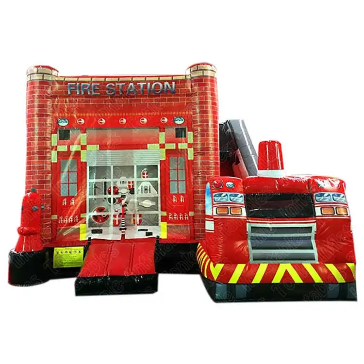 Red fire truck bouncer slide combo showing fire station facade and truck slide