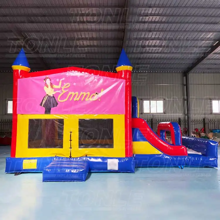 Red yellow and blue castle single lane dry slide combo with custom Emma banner