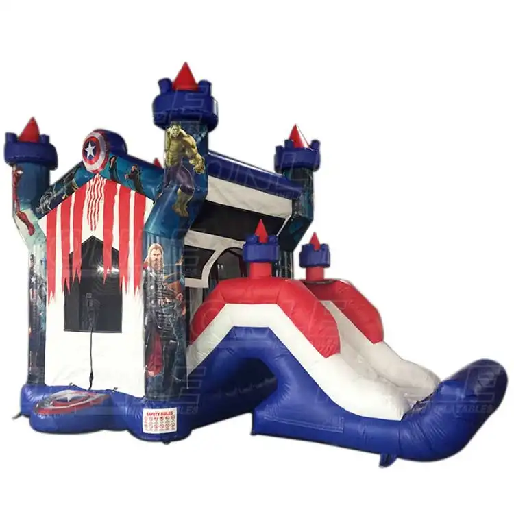 Red white and blue Avengers themed inflatable bouncer with castle turrets and single lane dry slide