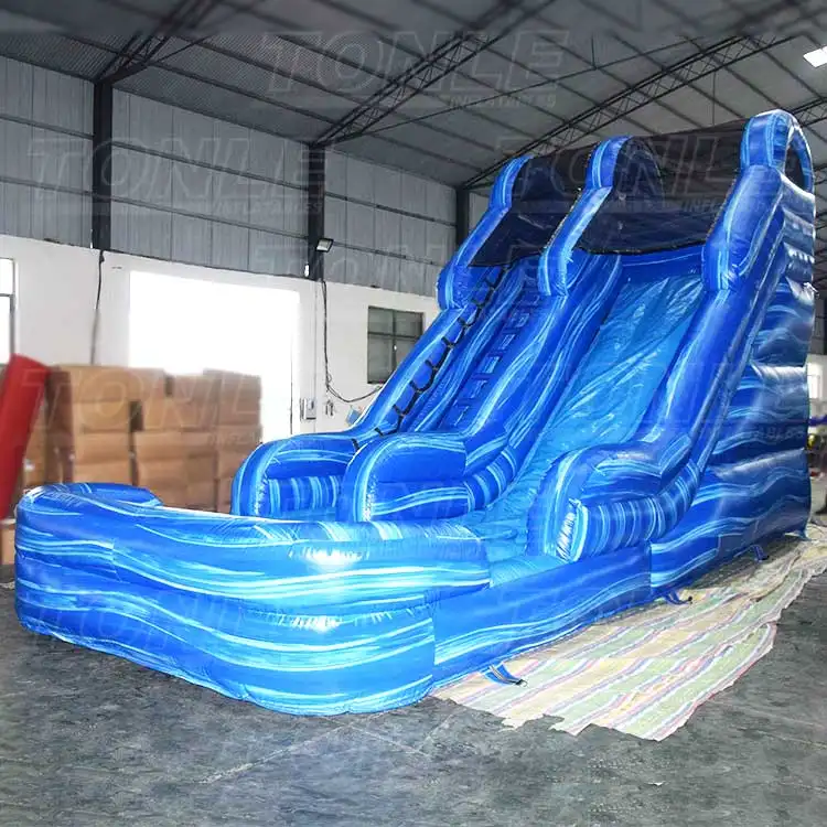 Marble blue single lane inflatable dry slide with wave pattern in warehouse