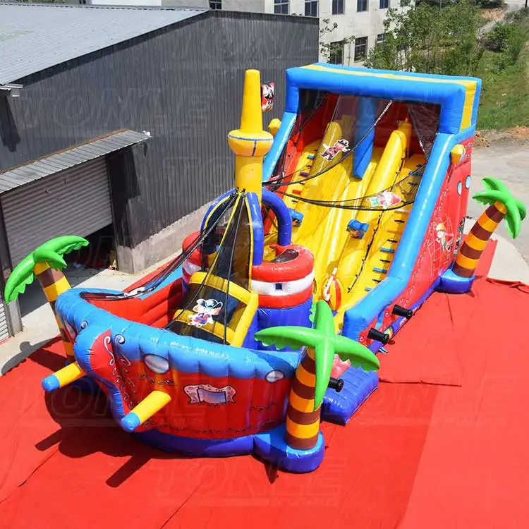 14m inflatable pirate ship slide with red hull and yellow dual lanes