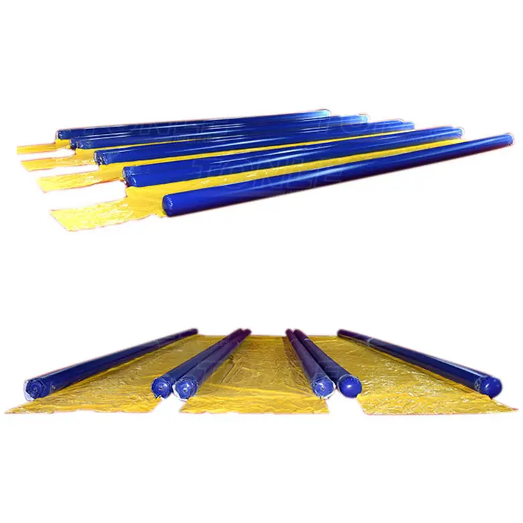 Rolled up blue and yellow 10m airtight slip n slide showing compact storage profile