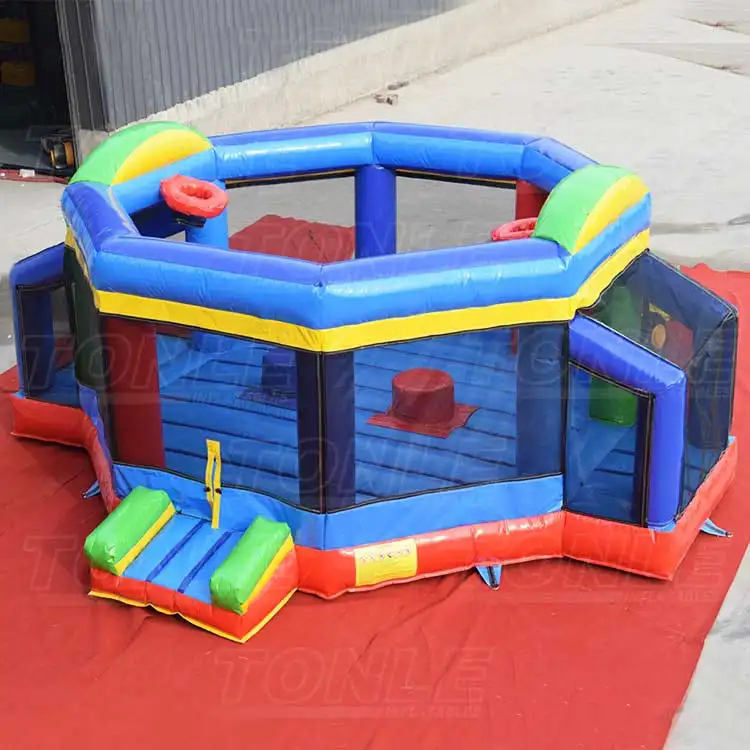 Blue and red 3in1 interactive inflatable game with basketball hoops and 20ft diameter