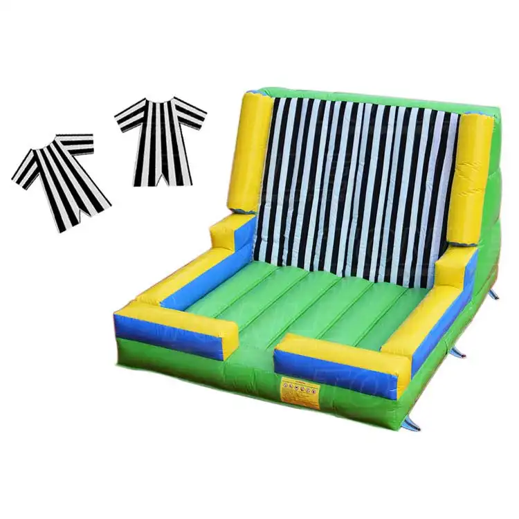Inflatable stick wall game with green yellow and blue frame and black white striped target wall