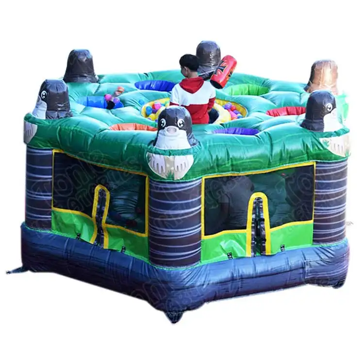 Green and blue 4x4m inflatable Whack-A-Mole game with four players inside