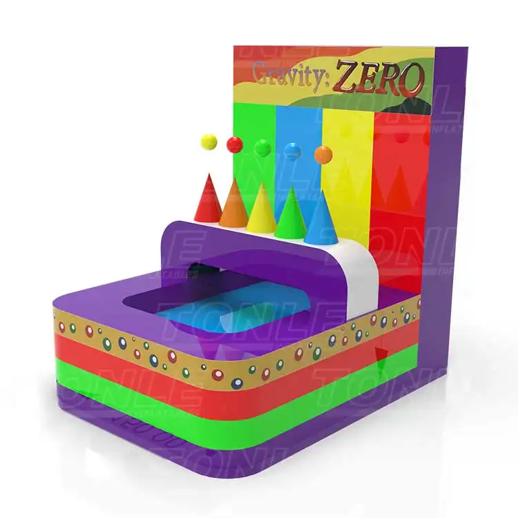 Inflatable carnival game with rainbow backboard and colored cones measuring 2m