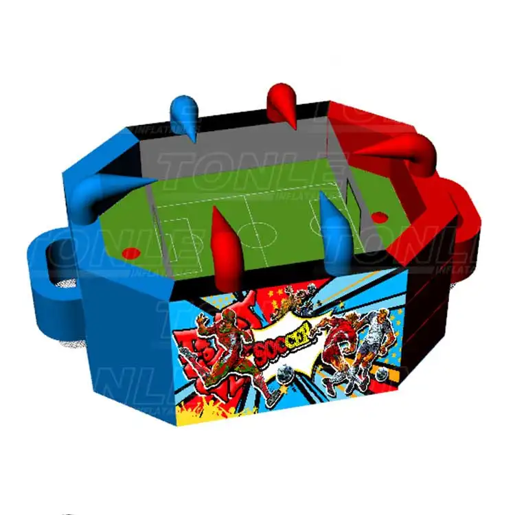 Inflatable table air soccer game with red and blue turrets and comic book graphics, 2.5m size