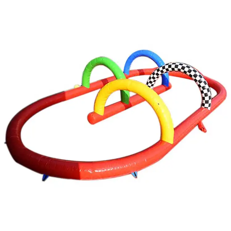 Red oval inflatable go kart race track with green blue and yellow arches and checkered finish line