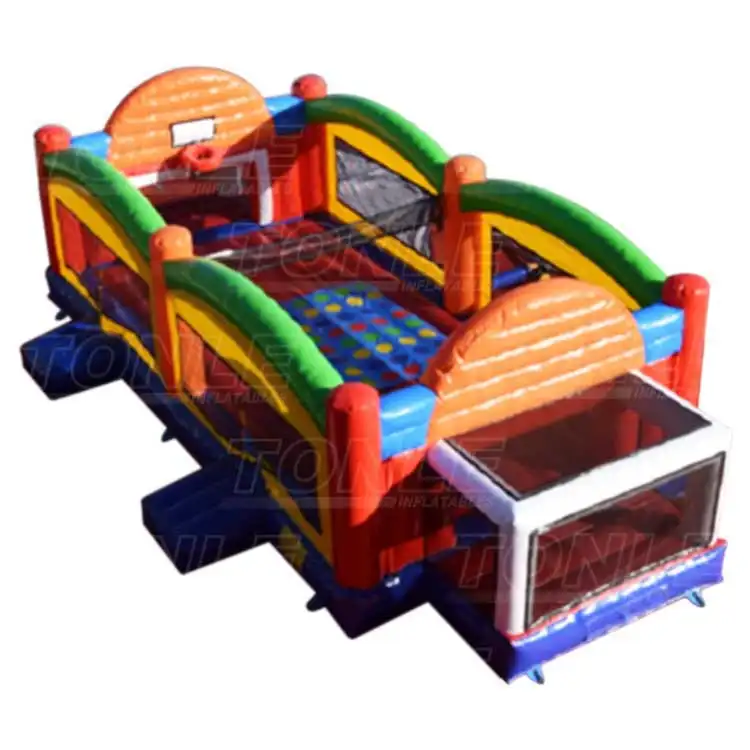 12x4.5m inflatable sports field with red blue green yellow colors and basketball hoops
