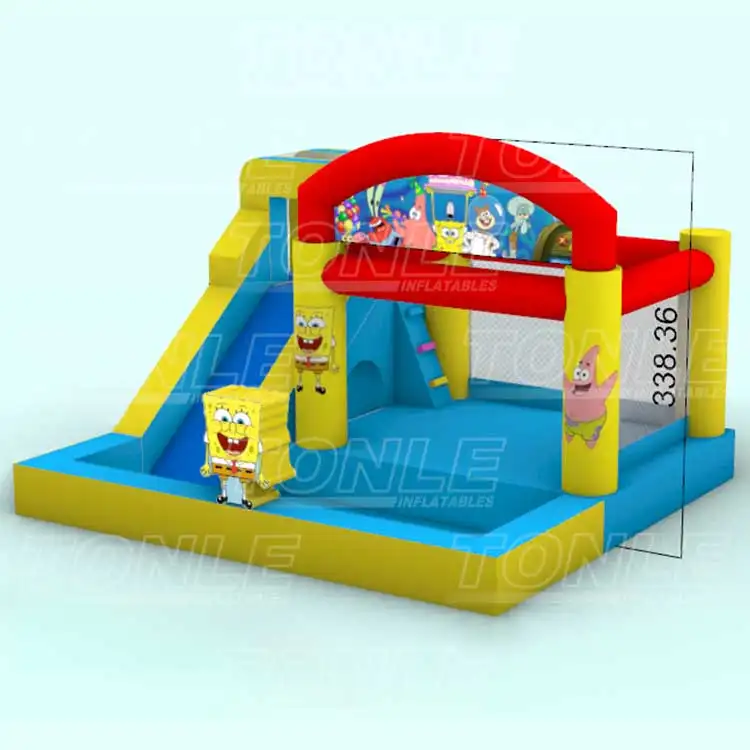 SpongeBob single lane water combo inflatable with yellow pillars and blue slide