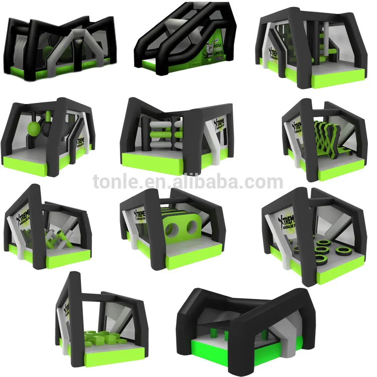 Black and lime green inflatable obstacle course module with climbing wall section