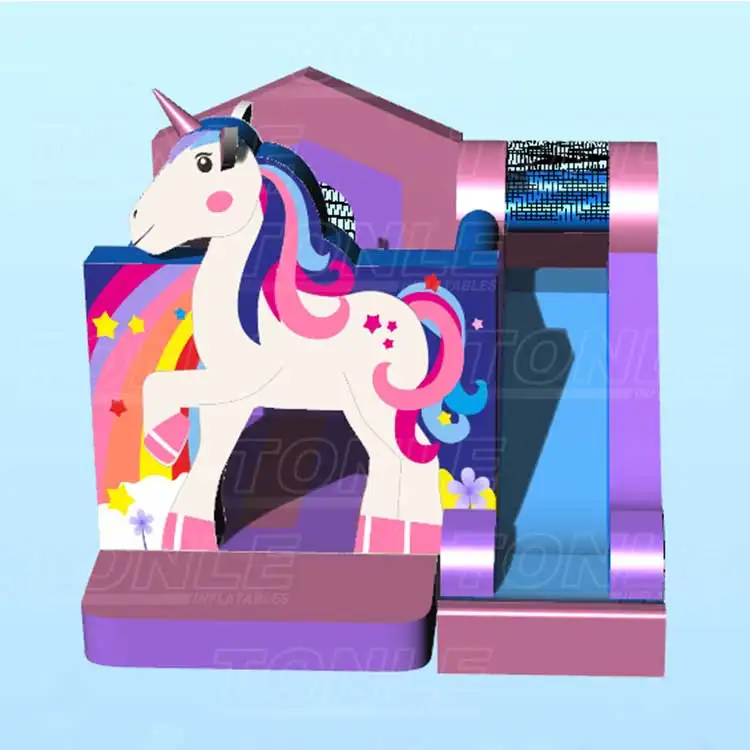 Sunshine Rainbow Horse single lane dry combo featuring a white unicorn graphic on a purple and blue 4x4m inflatable structure