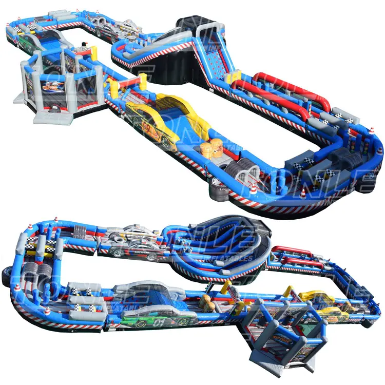 Full view of 42m blue inflatable race car obstacle course with checkered flags and tire barriers