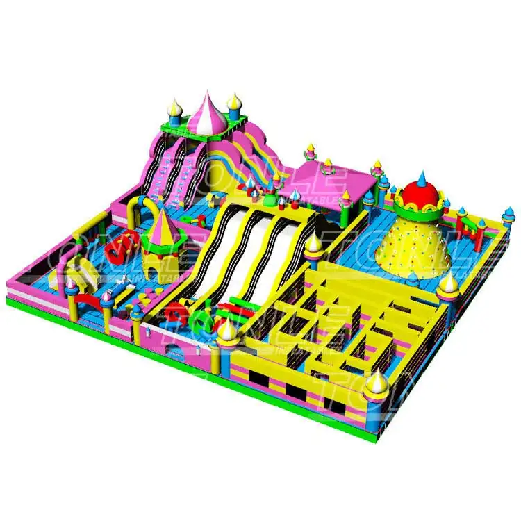 Happy Castle Theme Game Park 20x18m inflatable playground featuring pink turrets, yellow maze, and dual slides
