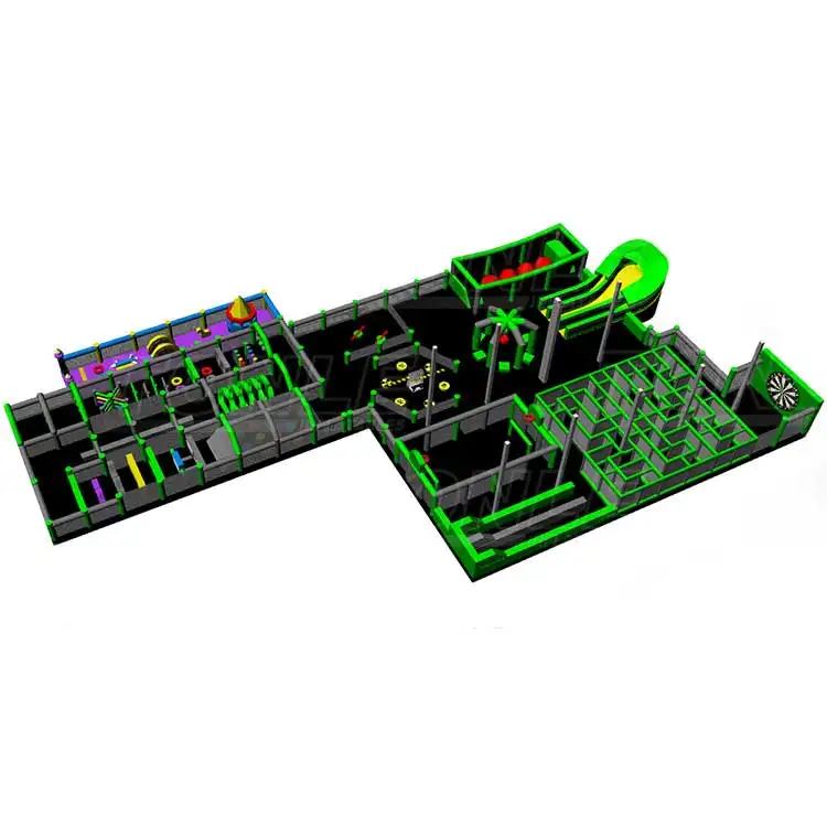 Green Maze Theme Game Park 52x30m inflatable layout with neon green walls and grey base