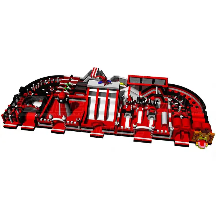 35m red and black Spiderman themed inflatable fun city with multiple slides and obstacles