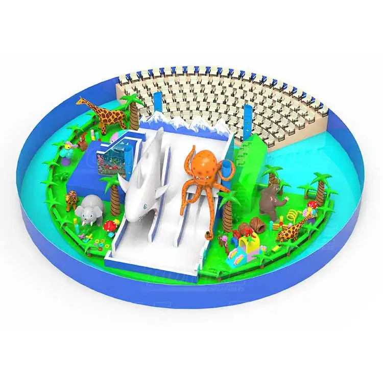 34x34m inflatable circus indoor playground with ocean and safari themes featuring a central slide and stadium backdrop