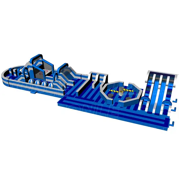 Blue and white inflatable fun city 27m long with slides and obstacles