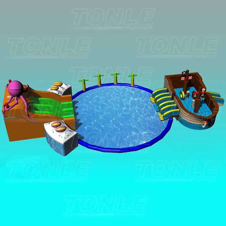 31x15m Pirates and Octopus Land Circular Waterpark featuring a central blue pool, pirate ship climb, and octopus slide