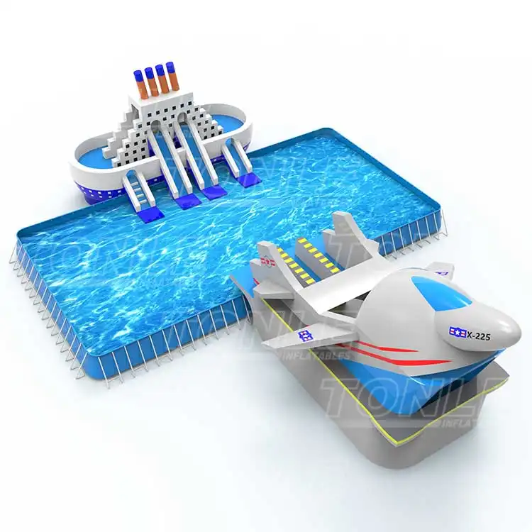 Big Airplane Land Square Water Park featuring a 20x10m blue pool, white ship slide, and grey airplane structure