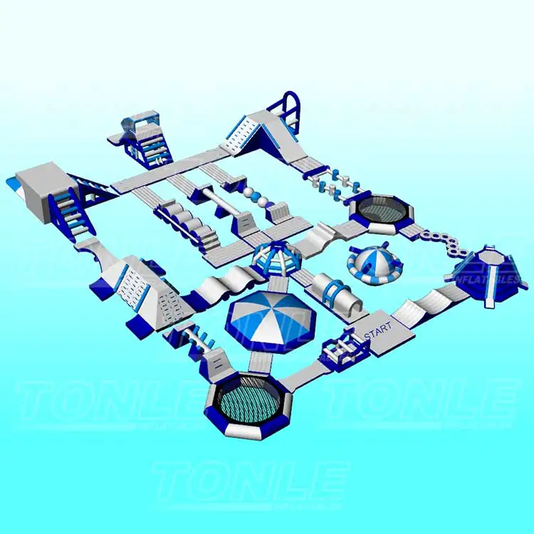 Classic Blue and White Water Park 40x30m aerial view showing modular obstacle layout