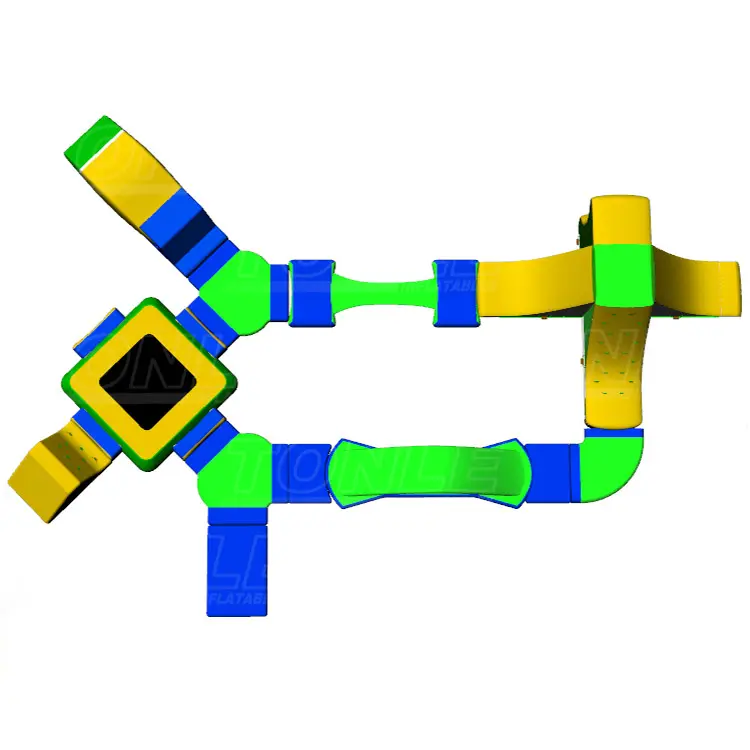 Top-down view of 26x15m floating water park with blue, green, and yellow modules
