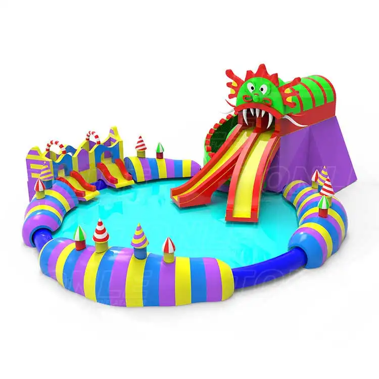 Caterpillar Land Circular Water Park with green dragon head slide and purple yellow striped pool barriers measuring 23x20m