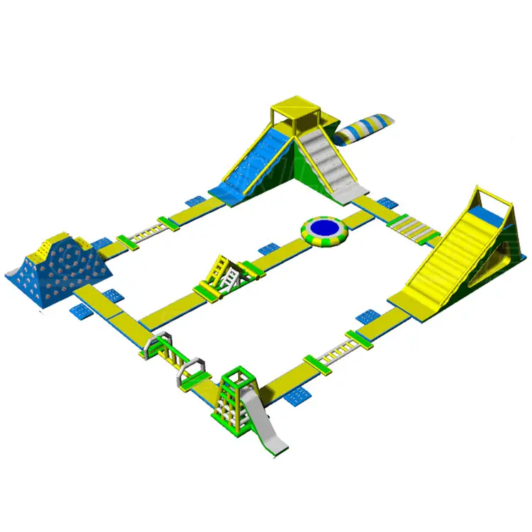 Yellow green inflatable water park 3D render showing slide tower and climbing wall layout