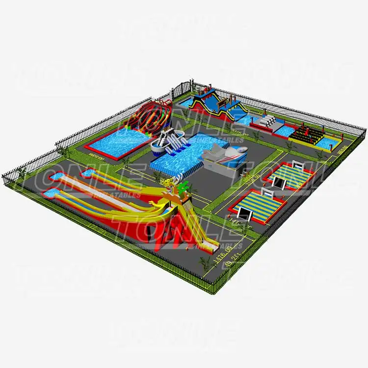 Aerial view of a 53x61m inflatable waterpark on land featuring red and yellow slides, blue pools, and obstacle courses enclosed by a fence.